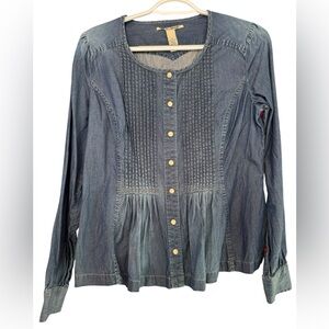 Lucky Brand Denim Longsleeve Ruffled Cotton Western‎ Style Top Pearl Buttons S